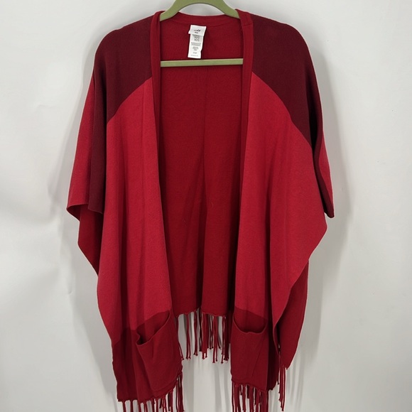 Cabi cotton blend color block open front poncho wrap with pockets & fringe M/L - Picture 7 of 9